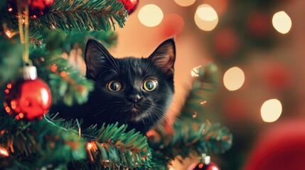 Obraz premium Playful black cat peeks from behind a vibrant Christmas tree in a festive setting