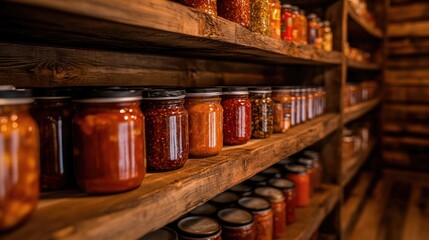Rustic wooden shelves showcase an assortment of homemade canned goods adding charm to the pantry ambiance