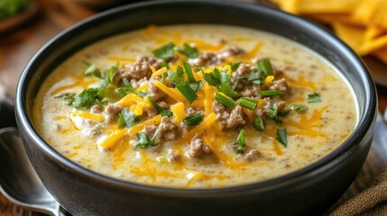 Savory soup made with cheese leeks and ground meat