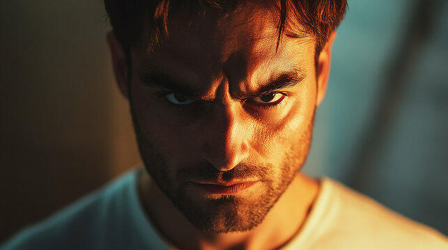 Wary man with focused expression and cautious stance