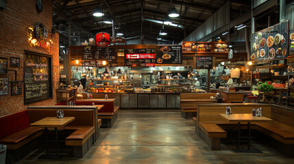 Fototapeta premium Evening ambiance in a food court with moody lighting, industrial-chic decor