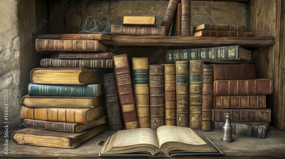 Poster a rustic bookshelf filled with antique books, inviting exploration and knowledge.