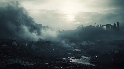 Fototapeta premium Smoky apocalyptic landscape with dramatic atmosphere