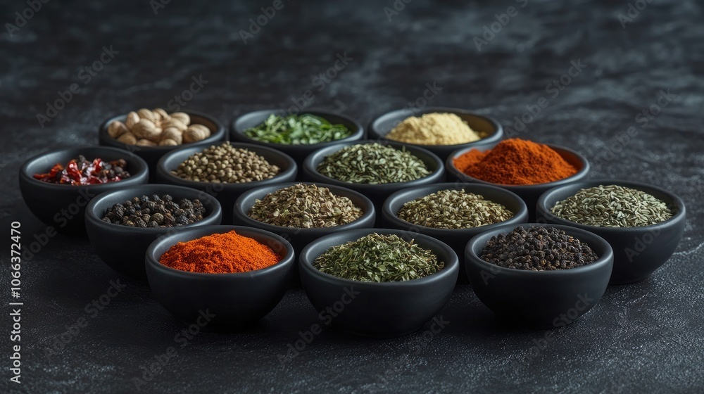 Poster selection of various spices and herbs displayed in bowls on a dark textured backdrop close up view