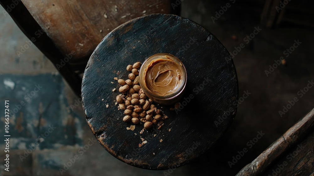 Poster peanut butter jar and a pile of nuts on a rustic dark table viewed from above