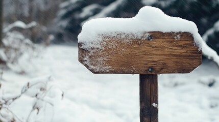 Naklejka premium Snow covered wooden signboard with empty space for text
