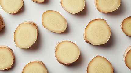 Sliced ginger root displayed against a white backdrop