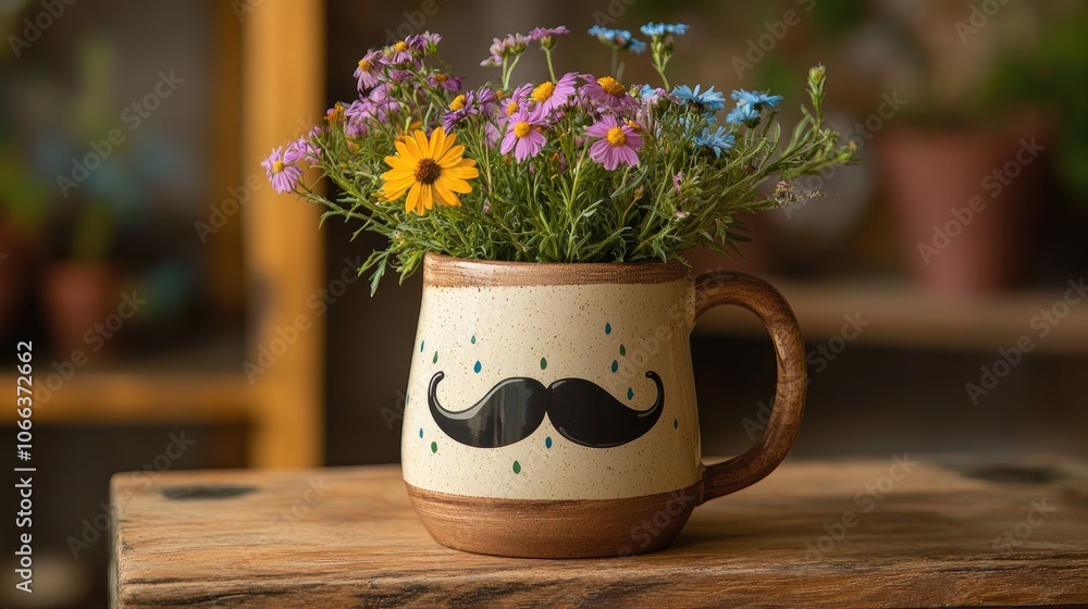 Wall mural Retro mug featuring a mustache set on a wooden surface filled with a bouquet of wildflowers Perfect gift idea for Father s Day