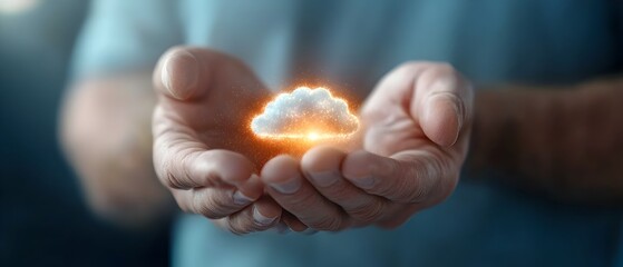 Closeup of a person s hands cupping a glowing cloud shaped icon symbolizing the concept of data storage security and digital protection  The image evokes a sense of technology connectivity