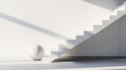 Obraz premium Sleek minimalist design featuring sharp shadows white stairway and a single round stone element