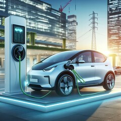 Electric car charging at a wireless charging station. 