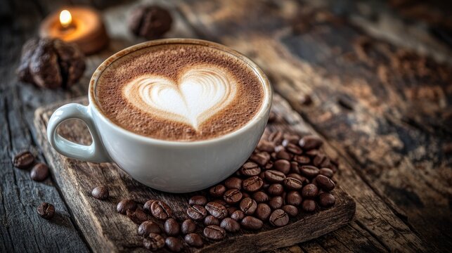 Romantic coffee cup featuring heart shaped latte art with milk foam on cocoa beans set against a rustic wooden table backdrop ideal for special occasions
