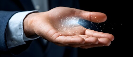 Fototapeta premium Close up of a man s hand with a holographic cloud like interface for data storage and security surrounded by blank space for text or additional design elements
