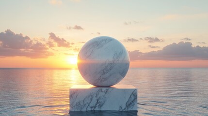 Obraz premium Round silver marble pedestal against a backdrop of a sunset over the ocean