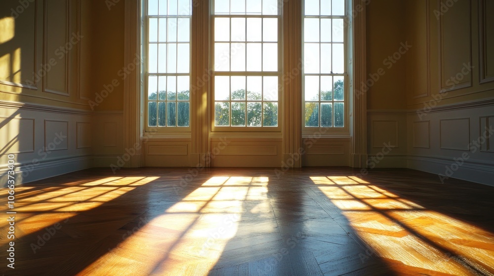 Poster soft sunlight filters into an elegant room through a large window casting intricate shadows on the w
