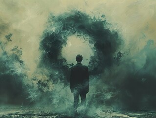 Fototapeta premium Surreal Abstract Painting: Man in the Fog, Facing the Unknown