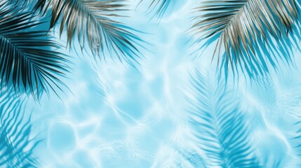 Shadows of tropical palm leaves on a blue pool water surface A representation of summer relaxation and vacation vibes with a serene abstract backdrop and ample space for text