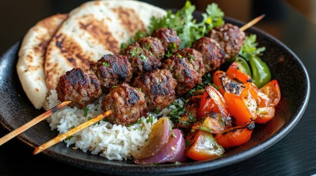 Spiced grilled kofta kebabs on skewers served with rice pita bread and fresh vegetables arranged on a dark plate