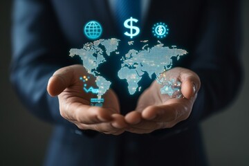 Global businessman holding virtual world map with currency symbols representing global trade