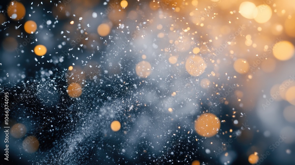 Poster snowfall texture with a blurred background featuring abstract silver and gold bokeh lights creating 