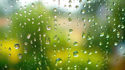 Raindrops cascading down a window glass create a serene and atmospheric backdrop