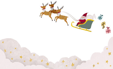 プレゼントを落としながら星空を飛ぶサンタクロースの背景フレームイラスト