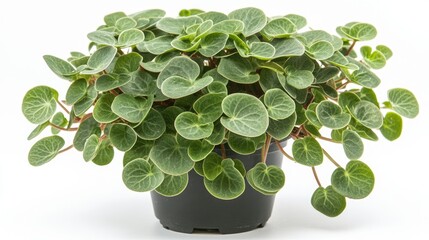 Peperomia houseplant exhibiting etiolation with elongated stems and small leaves due to insufficient light against a white backdrop