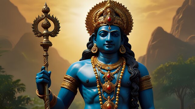 Dhanvantari holding a staff, symbolizing health and longevity. 