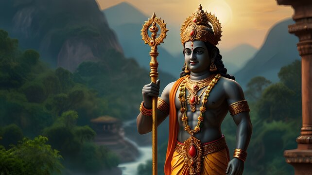 Dhanvantari holding a staff, symbolizing health and longevity. 