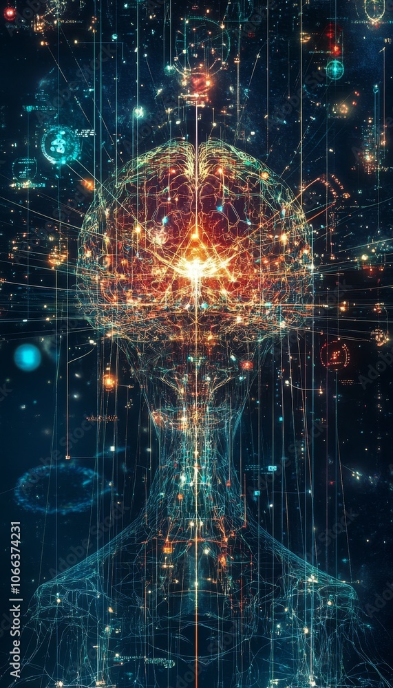 Poster exploring the fusion of biological and digital intelligence through a digital brain concept