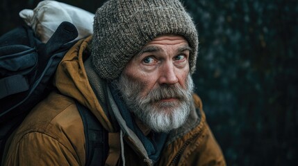 Obraz premium Portrait of a middle aged man resembling a transient individual depicting characteristics of homelessness