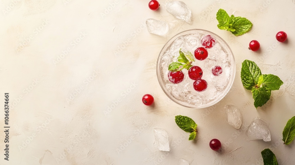 Poster refreshing cocktail featuring crushed ice red currant and mint on a neutral background ideal for sum