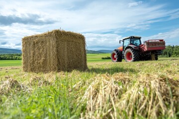 Obraz premium Tractor hauling hay bales in a countryside field for agricultural work in a rural meadow setting