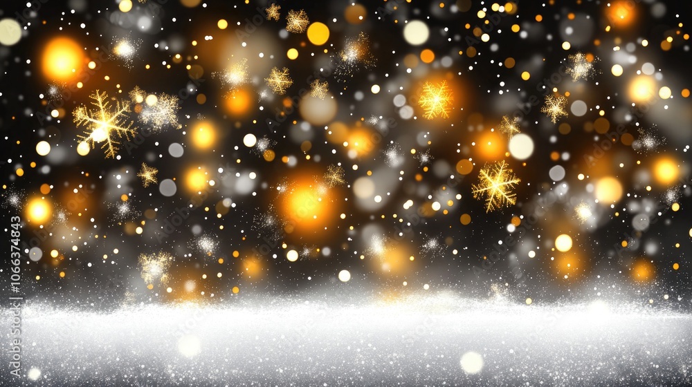 Poster snowfall texture with a blurred background featuring abstract silver and gold bokeh lights creating 