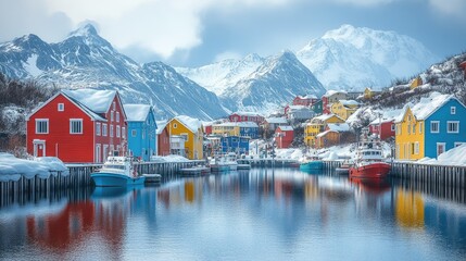 Fototapeta premium A picturesque winter scene of a small, colorful town nestled between snow-capped mountains and a calm, reflective harbor.