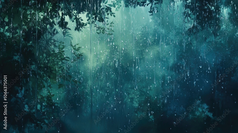 Poster raindrops cascading down a window glass create a serene and atmospheric backdrop