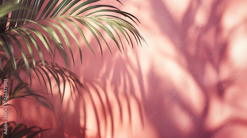 Poster soft shadows of palm leaves create a blurred pattern on a pink wall forming a minimalist abstract ba
