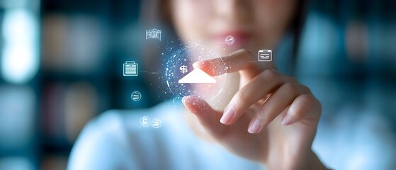 Close up of a female finger pressing on a glowing holographic MBA icon surrounded by digital symbols and interface elements related to finance analytics and education