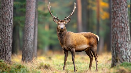 Fototapeta premium Red deer stag amidst spruce trees in a forest during autumn