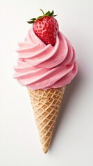 Delicious pink strawberry ice cream served in a waffle cone, perfect for hot summer days and sweet treats.
