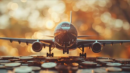 Airplane model perched on a pile of coins representing travel expenses and financial considerations in the aviation industry - Powered by Adobe