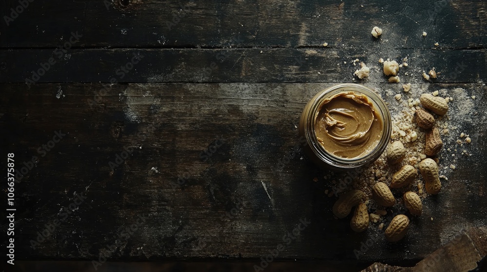 Poster peanut butter jar and a pile of nuts on a rustic dark table viewed from above