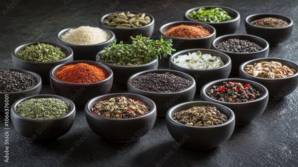 Poster selection of various spices and herbs displayed in bowls on a dark textured backdrop close up view