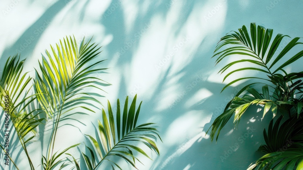 Aufkleber soft shadows of palm leaves on a light blue wall create a minimalistic abstract background ideal for