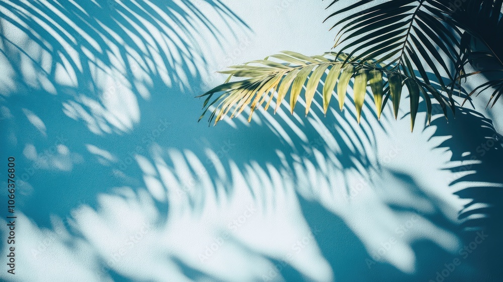 Aufkleber soft shadows of palm leaves on a light blue wall create a minimalistic abstract background ideal for