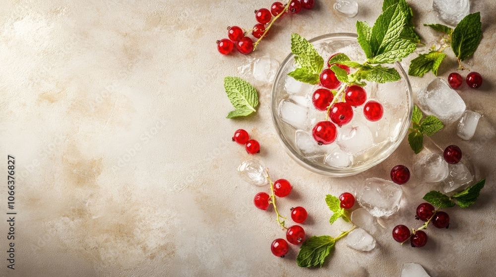 Poster refreshing cocktail featuring crushed ice red currant and mint on a neutral background ideal for sum