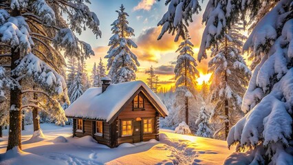 Fototapeta premium A cozy wooden cabin nestled amidst a snow-covered forest bathed in the golden glow of a winter sunset.