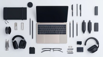 Mock up Office supplies on white desk work place with laptop, clips, glasses, notebook, pen and...