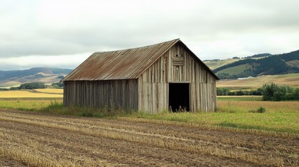 Obraz premium Rustic wooden farm shed surrounded by agricultural fields