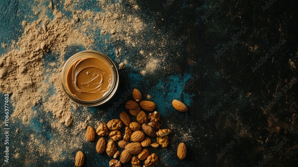 Poster peanut butter jar and a pile of nuts on a rustic dark table viewed from above